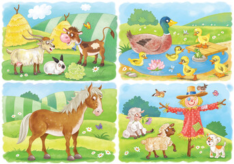 Obraz na płótnie Canvas At the farm. Set of cute farm animals. Coloring book. Coloring page. Illustration for children. Cute and funny cartoon characters