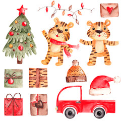 watercolor christmas tigers, new year illustrations
