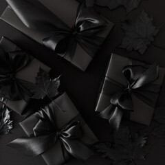 Top view photo of black gift boxes with black satin ribbons and black autumn leaves on black background. Black Friday Sale concept.