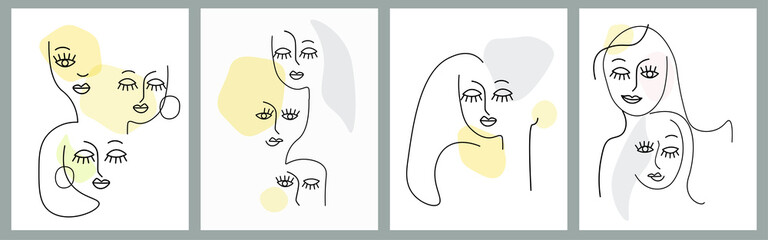 Contemporary poster with women's faces, hand-drawn in one line with simple shapes. Abstract minimalistic females with different emotions. The concept of beauty, feminism, equality. Vector graphics.