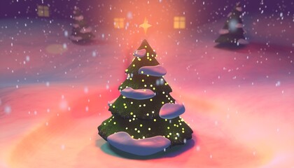 3D illustration of a Christmas Tree against the background of a snowy landscape and snowfall