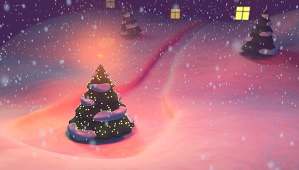 3D illustration of a Christmas Tree against the background of a snowy landscape and snowfall