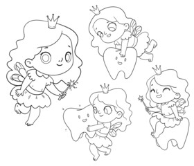 Tooth Fairy. Cartoon characters. Funny vector illustration. Isolated on white background. Coloring book. Set