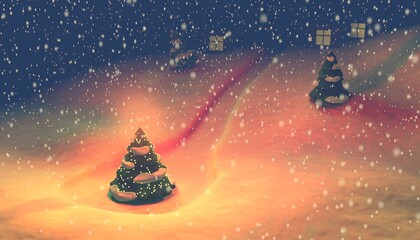 3D illustration of a Christmas Tree against the background of a snowy landscape and snowfall