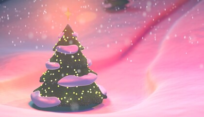3D illustration of a Christmas Tree against the background of a snowy landscape and snowfall