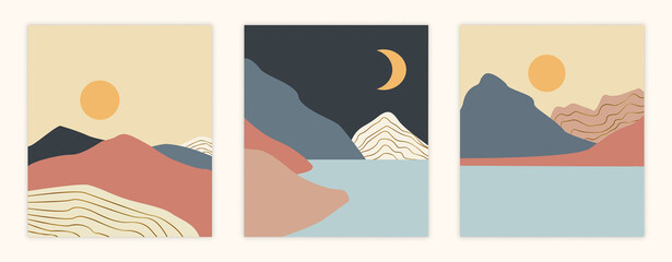 Set of landscape. Collection of minimalistic abstract images. Paintings, decoration. Graphic elements for websites. Mountain, sunset. Cartoon flat vector illustrations isolated on white background