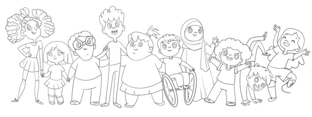 Concept diversity and inclusion. Group of multi ethnic friends and multi racial kids. Panoramic banner. Cartoon characters. Funny vector illustration. Isolated on white background. Coloring book