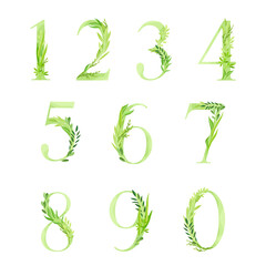 Number or Numeral Decorated with Green Foliage and Leaf Vector Set