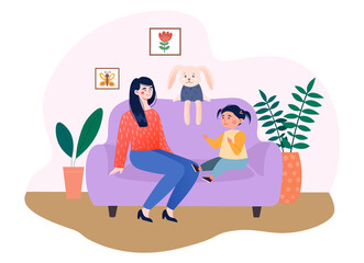 Mom talks to daughter. Parent communicates with child, quality education. Woman listens to girl. Happy family, socializing, mother, dialogue. Love and care, support. Cartoon flat vector illustration