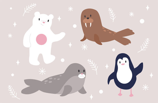 Set of animals. Walrus, seal, penguin, polar bear. Arctic, winter pole, cold. Wildlife, characters for printing on childrens tshirts. Cartoon flat vector illustrations isolated on brown background