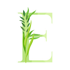 Naklejka premium Alphabet Letter E Decorated with Green Foliage and Leaf Vector Illustration