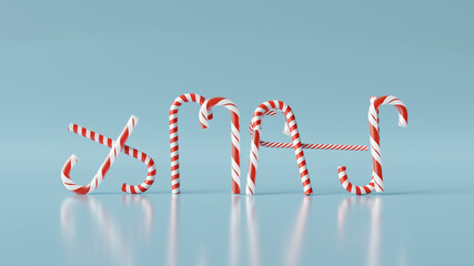 Xmas font candy canes on blue background. Creative design. Christmas concept. 3d rendering