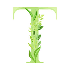 Capital Alphabet Letter T Decorated with Green Foliage and Leaf Vector Illustration