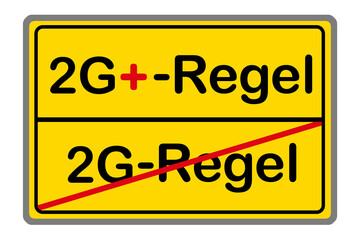 Fototapeta premium Gelbes Schild mit Corona Pandemie 2G-Regel und 2G+-Regel Illustration auf weissem Hintergrund