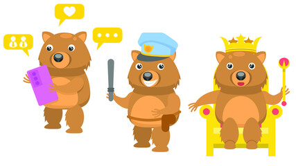 Set Abstract Collection Flat Cartoon 
Different Animal Wombat King Sits On A Throne Wearing A Crown, With Smartphone, Policeman With Baton Vector Design Style Elements Fauna Wildlife