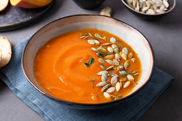 Close-up of vegetarian pumpkin cream soup.