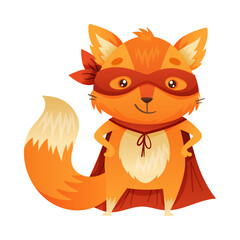 Orange Fox Animal Character Superhero Dressed in Mask and Red Cape or Cloak Standing Vector Illustration