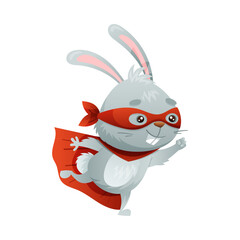 Hare Animal Superhero Dressed in Mask and Red Cape or Cloak Rushing to Rescue Vector Illustration