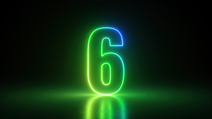 3d render, number six glowing in the dark with green blue neon light