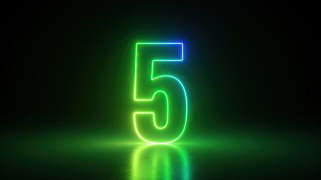 3d render, number five glowing in the dark with green blue neon light