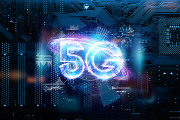 Hologram 5G creative mobile technology background. 5G network concept, high speed mobile internet, new generation networks. Mixed media. 3D render, 3D illustration.