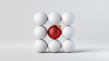 3d render, abstract Christmas infographics. Red glass ball between the white balls. Business metaphor. Modern minimal background