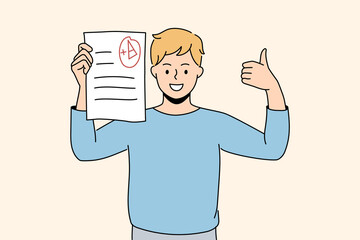 Success in education and learning concept. Smiling boy schoolboy pupil standing holding educational exam with excellent result in hands feeling cheerful vector illustration 
