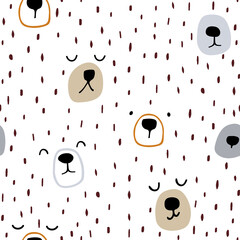 Seamless childish pattern with cute bear faces. Brush stroke texture. Great for fabric, textile, apparel. Vector illustration
