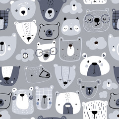 Creative childish pattern with cute different bears, pandas. Modern seamless texture for wallpaper, bedding, textile. Vector illustration