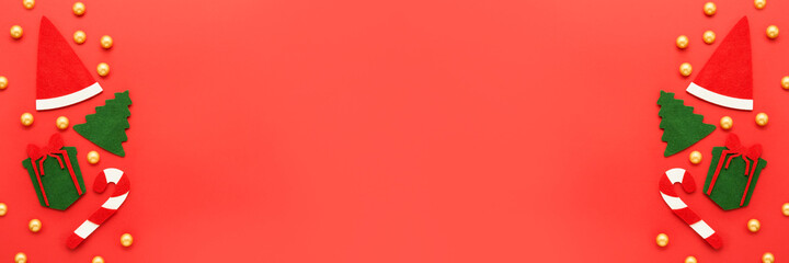 Christmas banner. Christmas decoration on a red background. Greeting card, copy space for text