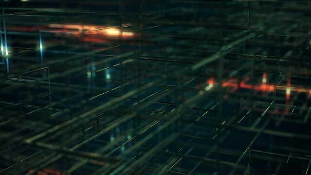Computer communication abstract network. Transmission of sensitive digital data. Geometric tech grid glowing blurred 3D background. 4K UHD video loop animation.