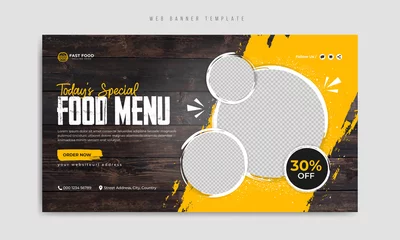 Rolgordijnen Fast food restaurant menu social media marketing web banner template with logo and icon. Pizza, burger & healthy food business promotion flyer. Abstract sale cover background design.          © Impixdesign