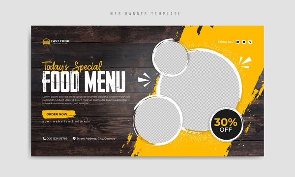 Fast food restaurant menu social media marketing web banner template with logo and icon. Pizza, burger & healthy food business promotion flyer. Abstract sale cover background design.         