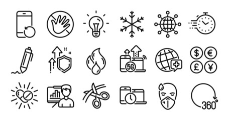 360 degrees, Flammable fuel and Recovery phone line icons set. Secure shield and Money currency exchange. Medical drugs, Timer and Idea icons. Do not touch, Scissors and Sick man signs. Vector