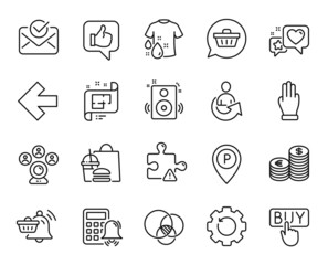 Vector set of Currency, Three fingers and Fast food line icons set. Puzzle, Speakers and Architectural plan icons. Buying, Notification cart and Shopping cart signs. Currency web symbol. Vector