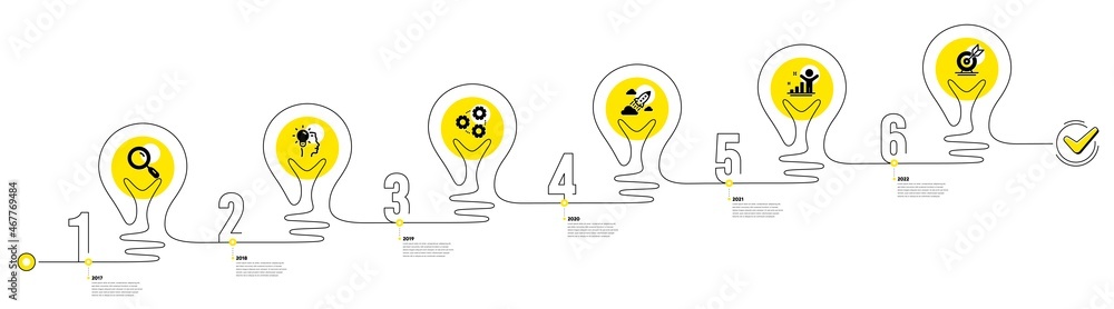 Poster lightbulb journey path infographics. business infographic timeline with 6 steps. workflow process di