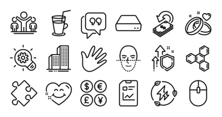 Face recognition, Chemical formula and Marriage rings line icons set. Secure shield and Money currency exchange. Report document, Cogwheel and Hand icons. Strategy, Winner and Cocktail signs. Vector