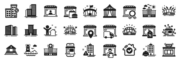 Set of Buildings icons, such as Lighthouse, Market location, Arena stadium icons. Arena, Market sale, Buildings signs. Circus tent, Skyscraper buildings, Shop. Court building, Distribution. Vector