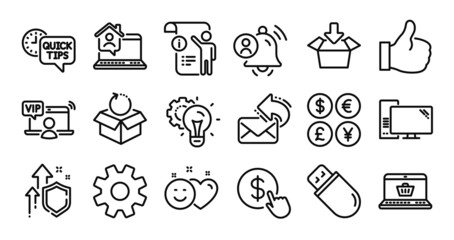 Manual doc, Buy currency and Vip access line icons set. Secure shield and Money currency exchange. Service, Online shopping and Idea gear icons. Work home, Computer and Get box signs. Vector