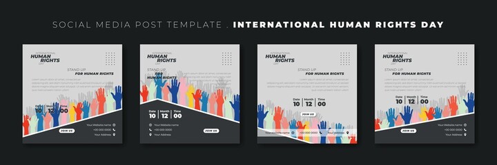 Set of social media post template with multicolor of hands on wavy background. World Human Rights Day template design.