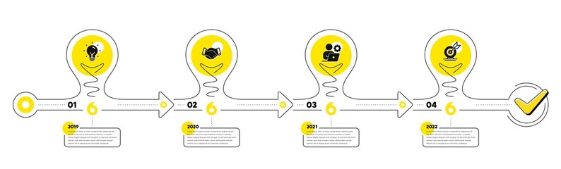 Business Infographic timeline with 4 steps. Workflow process diagram with Idea, Deal handshake, Working employee and Goal target icons. Timeline infograph diagram. Vector