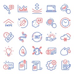 Science icons set. Included icon as Cogwheel, Snow weather, Rfp signs. Augmented reality, Blood donation, Laptop symbols. Swipe up, Light bulb, Timeline. Document attachment, Graph chart. Vector