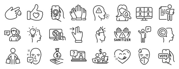 Set of People icons, such as Blood donation, Budget accounting, Touchscreen gesture icons. Award app, Job interview, Online voting signs. Brand ambassador, Vote, Yummy smile. Income money. Vector
