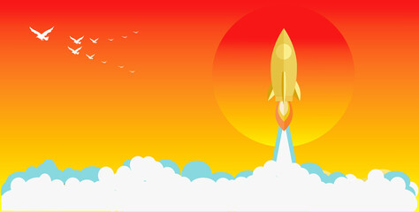 Golden Rocket launch,ship.illustration concept of business product on a market.can be used for landing pages, templates,web, mobile applications, posters,banner,leaflets.