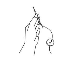 Female hand holding a needle with thread and button. Simple linear illustration for creativity and hobby. Crafting or sewing banner and website concept.