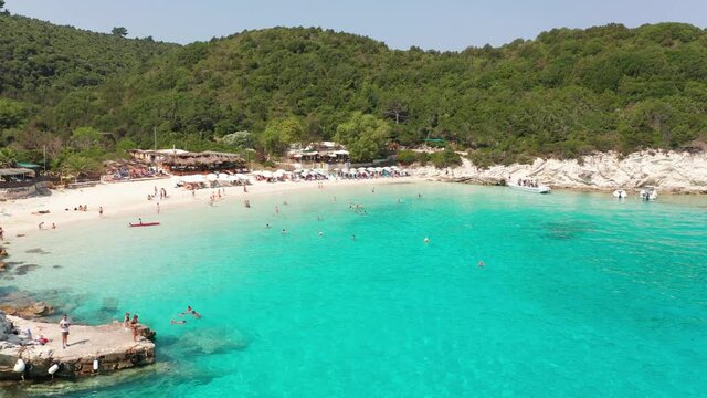 Aerial view of paradise turquoise sea of Vrika beach at Antipaxos island Greece