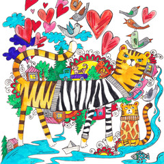 Illustration of a tiger and many hearts