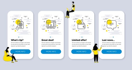 Vector Set of Business icons related to Wallet money, Survey results and Passport warning icons. UI phone app screens with people. Text message line symbols. Vector