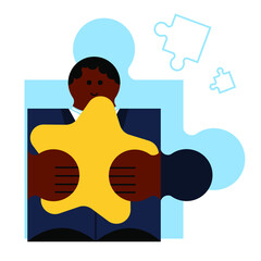 Fototapeta na wymiar Puzzle detail - African man figure with success star. Business evaluation, satisfaction concept. Cubism, geometric, minimal style vector illustration.