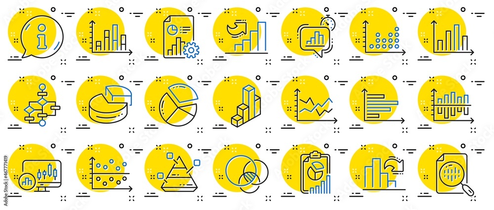 Poster charts and diagrams line icons. report, 3d chart, block diagram and dot plot graph linear icons. tre